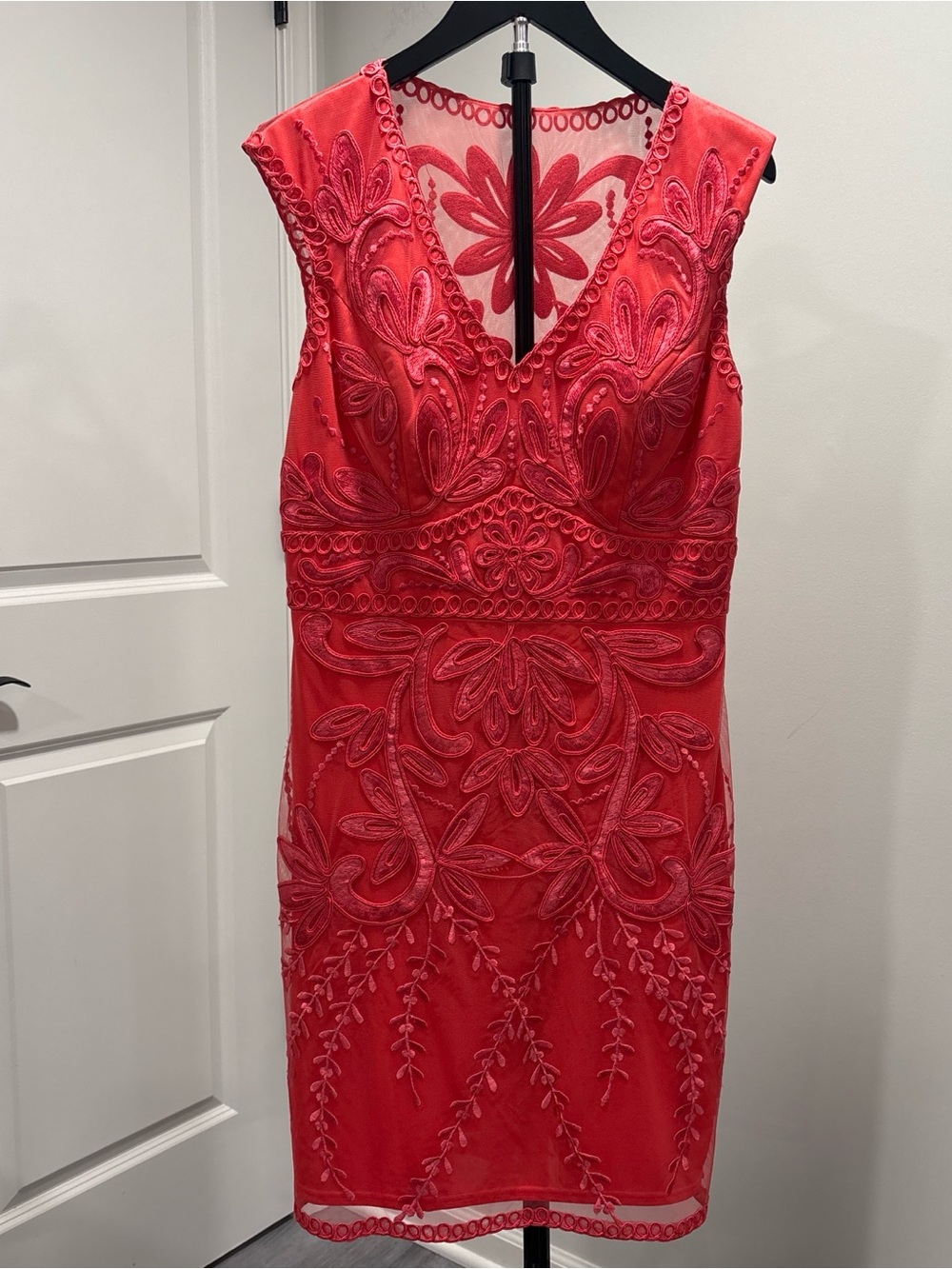 Sleeveless Dark coral Embroidered V-Neck Dress